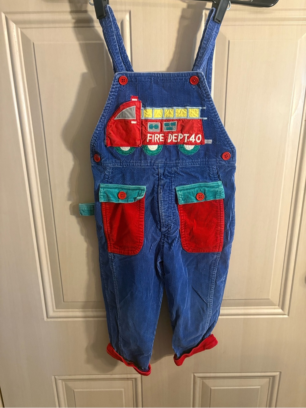 Hush Puppies Blue Corduroy Overalls with Red Fire Truck Applique Vintage 2T